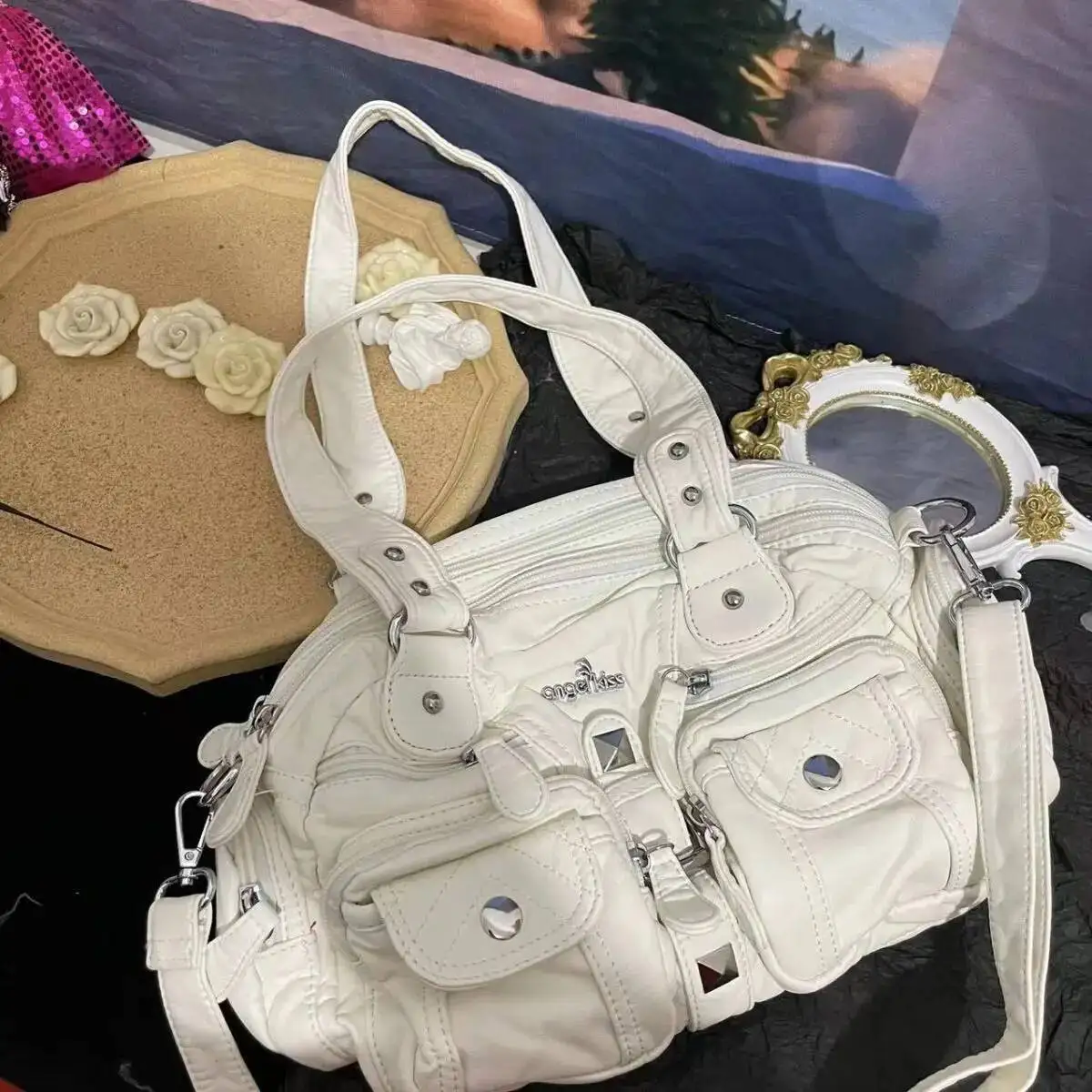 Bloom Vintage White Y2k Messenger Bag Purse Women Hot Girl Pu Leather Casual Shoulder Bags Female Haruku Aesthetic Handbag