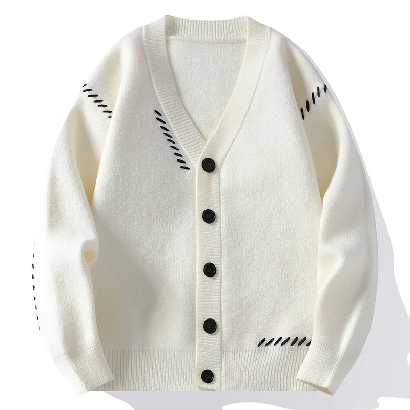

Mens Autumn Winter V Neck Cardigan Striped Long Sleeve Sweater Stylish Warm Casual Knitted Top