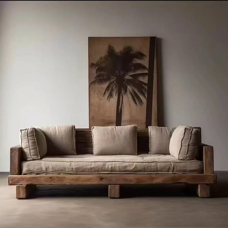 

Wabi-sabi style solid wood inline sofa vintage old elm log multi-seater sofa bed tatami low-leg sofa