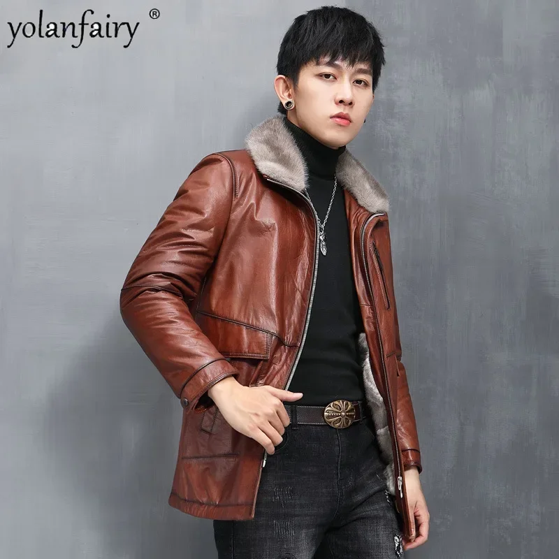 Real Fur Coat Men's Jacket Mink Fur and Leather Integrated Coats for Men Genuine Leather Cowhide Jackets Male Winter Clothing FC