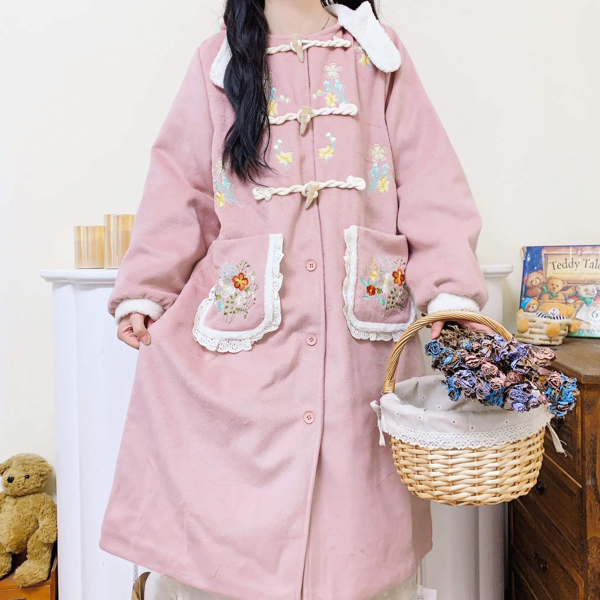 Vintage Retro Chic Sweet Wool Blends Hooded Lace Long Coat for Women Lolita Cottagecore Goblincore Kawaii Rococo Mori Girl Coat