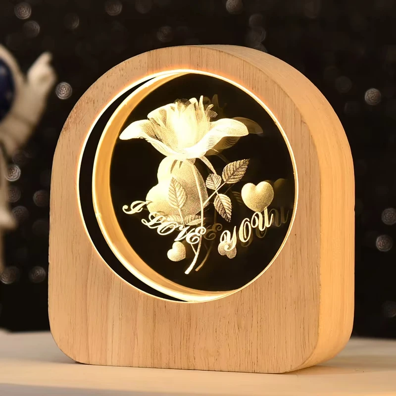 

LED Crystal Ball Table Lamp Wooden Base USB Night Light 3D Rose Rain Birthday Cake Decor For Home Party Kid Gift Support Custom