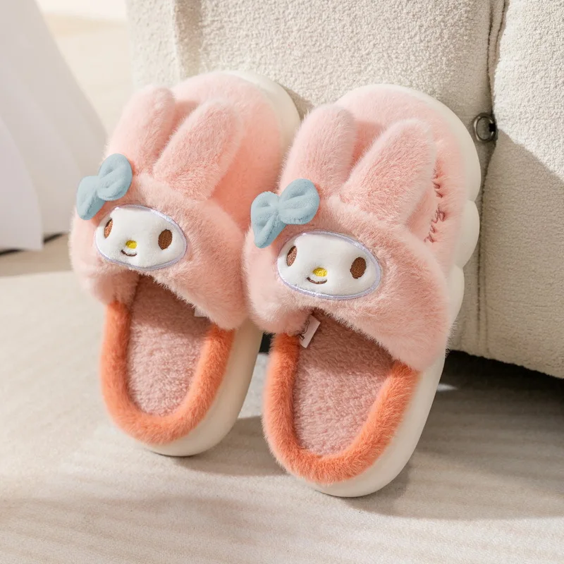 Soft Anti-slip Warm Winter Children\'s Slippers Girls Plush Floor Shoes Indoor Sock Shoes  Cute Kitty Kuromi Cotton Teen Slippers