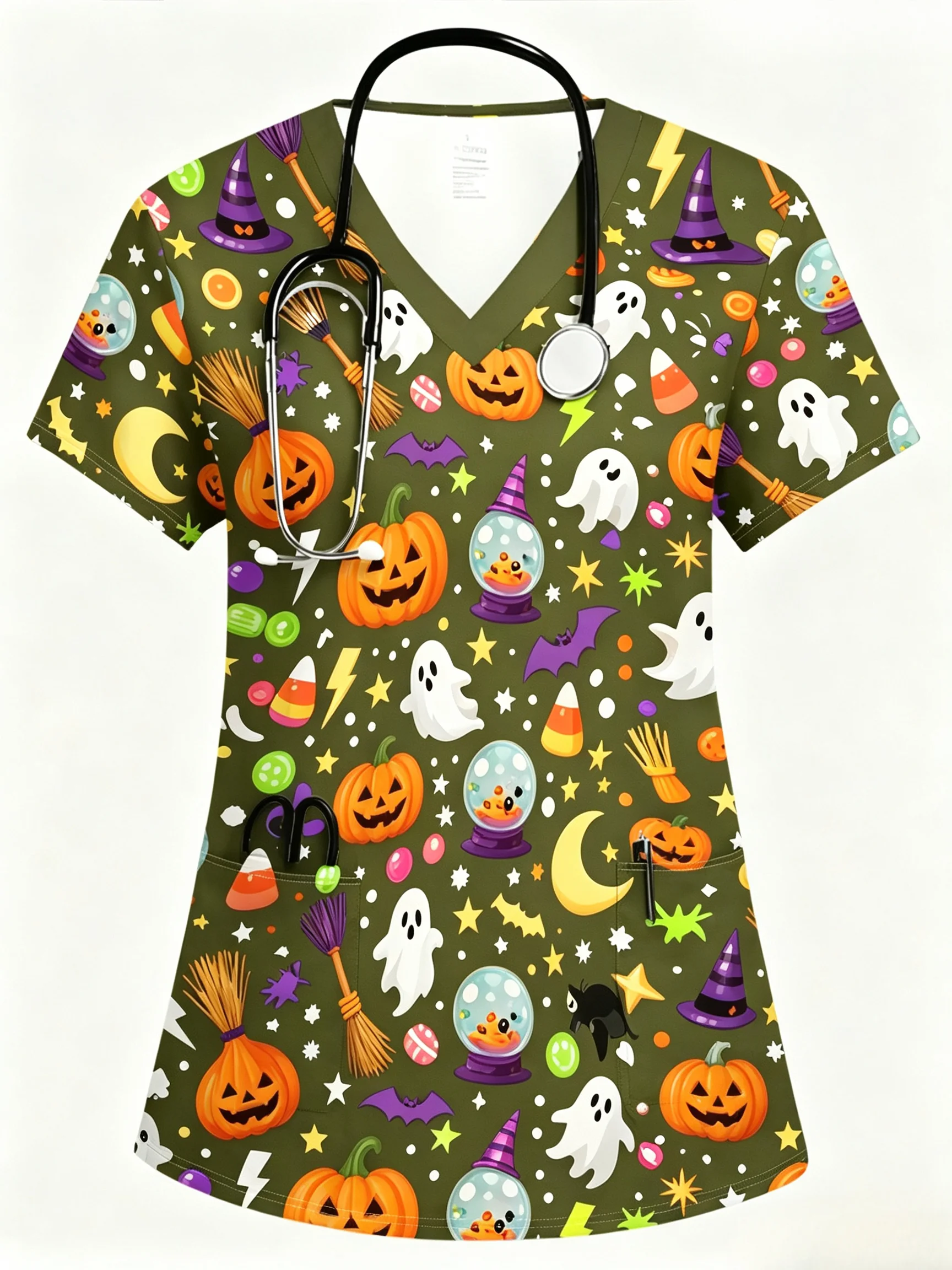 Damen-Halloween-Oberteil mit Aufdruck, Kürbis-Geister-Fledermaus-Muster, V-Ausschnitt, kurzärmelige Krankenschwester-Arbeitsuniform mit Taschen. – Detail 9