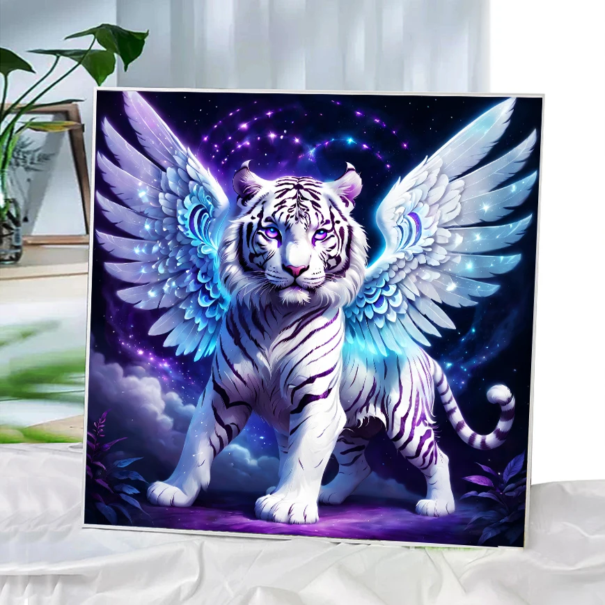 Colorful Domineering White Tiger Pattern DIY Diamond Art Painting Kit, Full Diamond Round Diamond, Mosaic Art Craft,  Wall Art