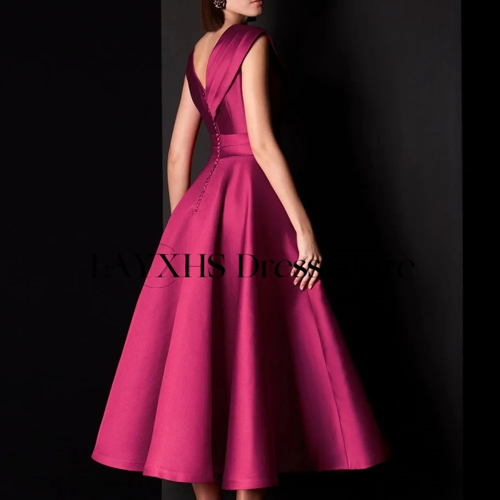 LAYXHS シンプルな V ネックイブニングドレス A ラインボタンバックレスティーレングスプロムドレスカスタマイズされた فستان سهرة نسائي