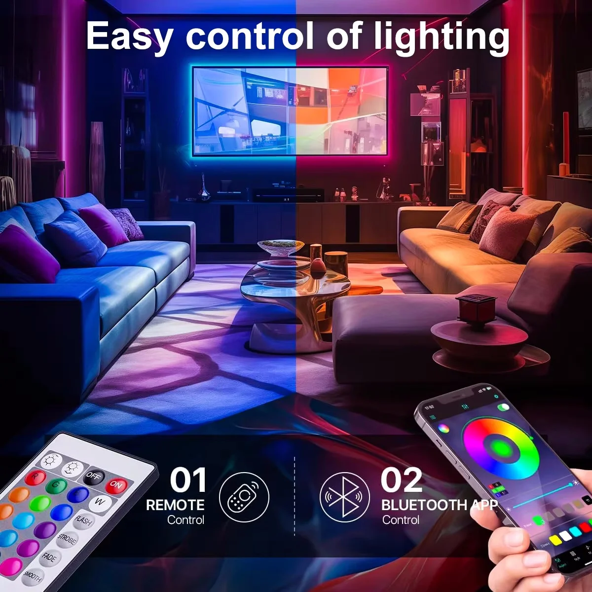 RGB LED Strip Lights For Bedroom TV Living Room Desk Home Christmas Party Decor,With 24-Key Remote, App Control Rope Light