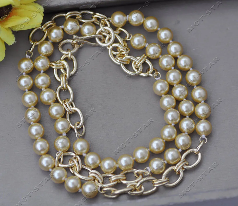 MCT·STAR Z13523 38'' 10mm Round Golden South Sea Shell Pearl Gold Plated Chain Necklace Custom Jewelry