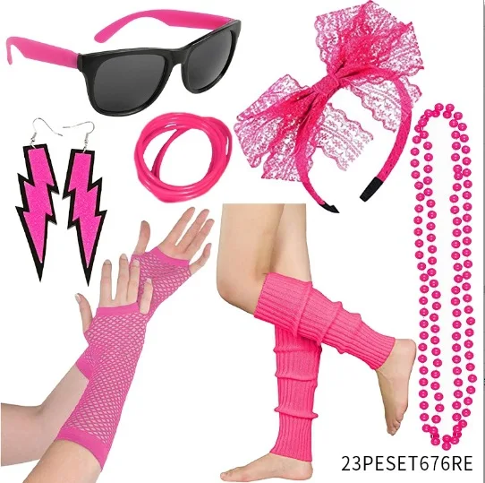 80s Fancy Party Costume Accessories Set Women Headbands Gloves Knee Pads Wristbands Glasses Makeup Dance 80s Dress Up Cosplay