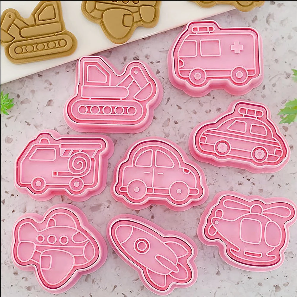 8Pcs Set Cookie Cutter Stamp Aircraft, Cars,Vehicle Cartoon Pressable Biscuit Mold Confectionery Baking Pastry Tools