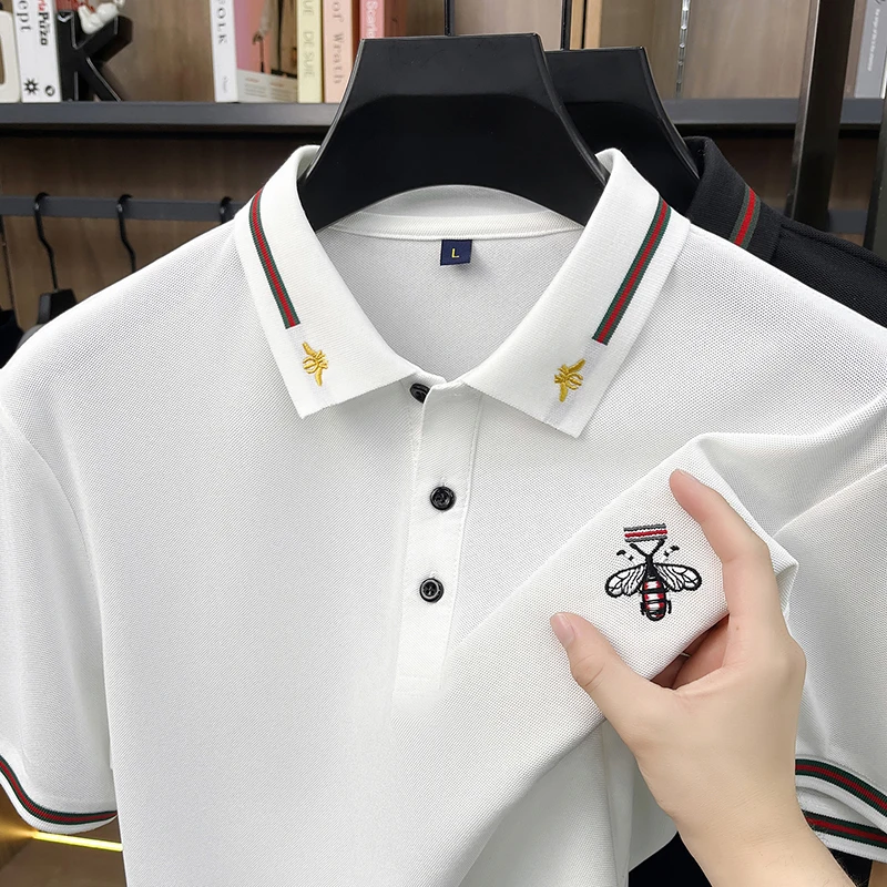 Original Man Short-Sleeved Polo Shirt Lapel Button Bee Embroidery Summer New British Style T-Shirt Business Casual Men'sClothing