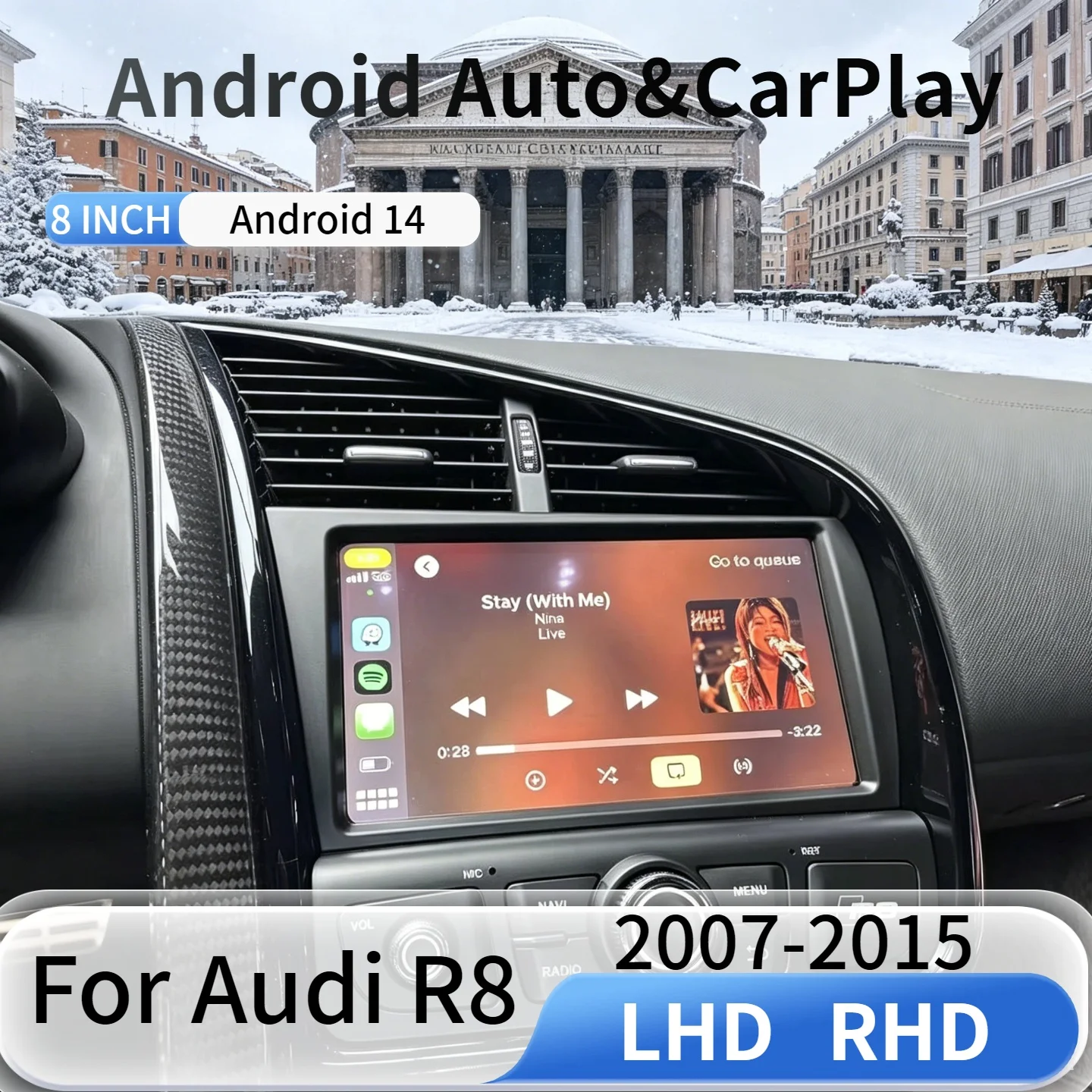 

CarPlay Android 14 Auto 8'' For Audi R8 2007-2015 Car GPS Navigation Stereo Multimedia Radio Recorder Music DVD Player Head Unit