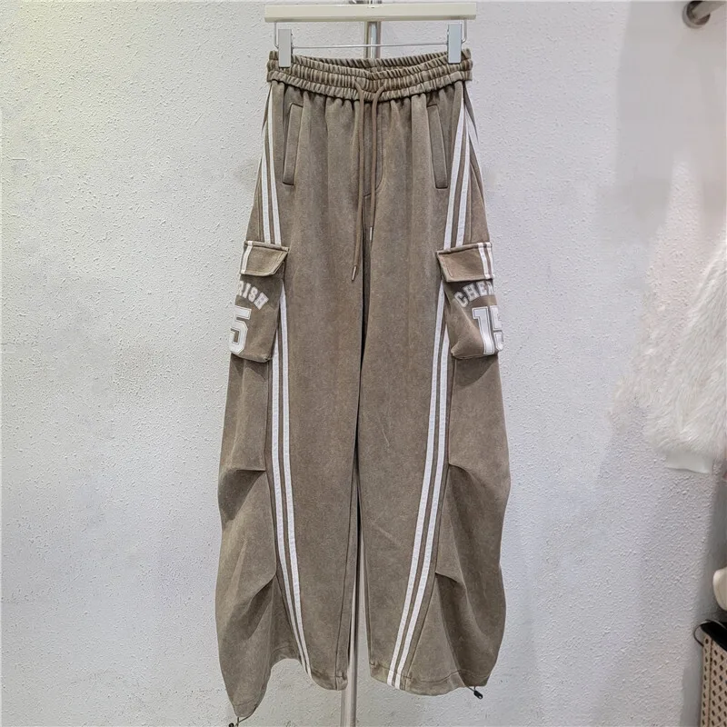 HKSH ربيع الخريف جديد المرأة Sweatpants مرونة الخصر التباين اللون متعدد جيب أنيقة موضة عادية بنطال رياضي HK13504