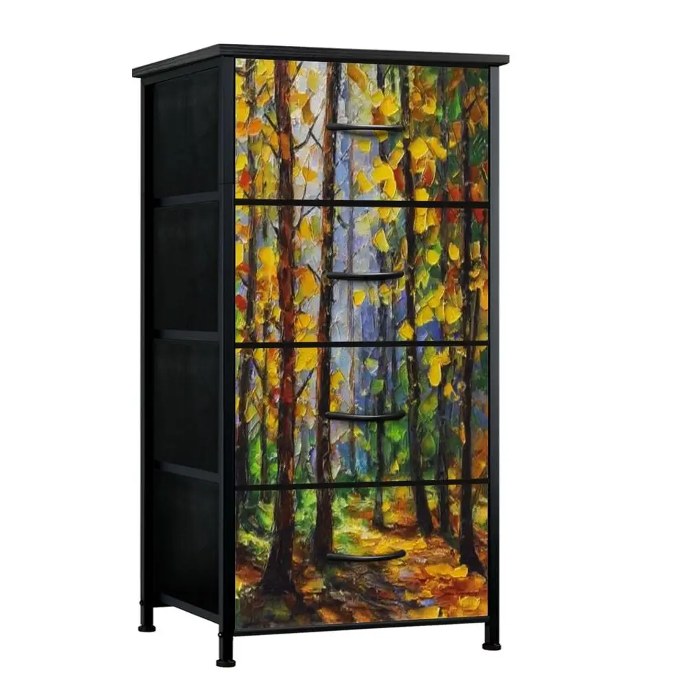 for Bedroom Vertical Painting Forest Wood Trees Autumn Landscape Oil Painting Dresser for Closet with 4 Fabric Storage Drawers,