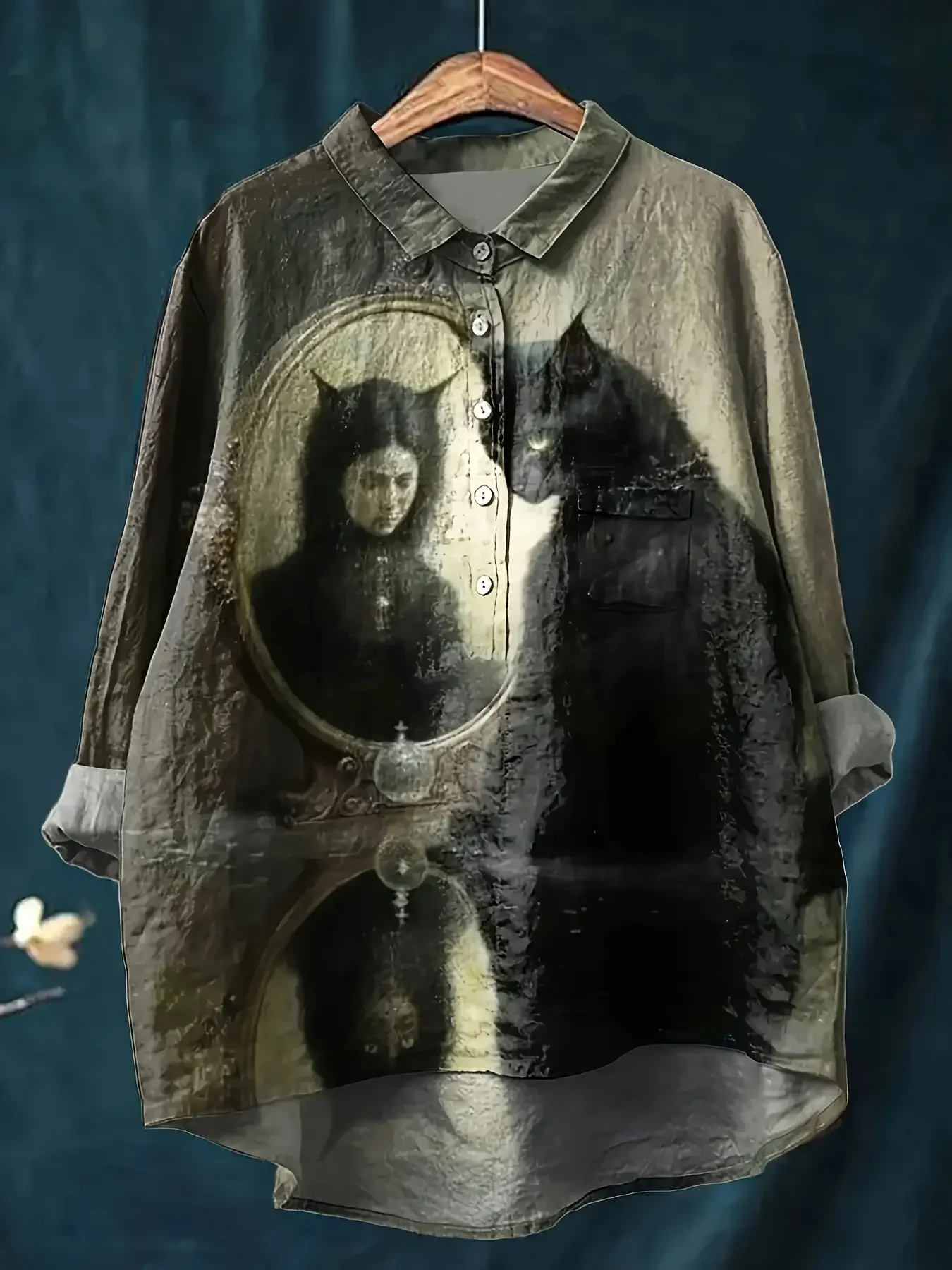 

New women's casual loose geometric printed button up shirt, collar, long sleeves and pockets.yellow cat