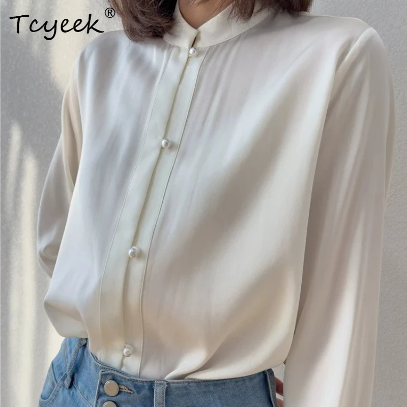 

Tcyeek 93% Real Silk Blouses for Women 2026 Spring Summer Elegant Elastic Long-sleeved White Shirts Ladies Clothes Chemise Femme