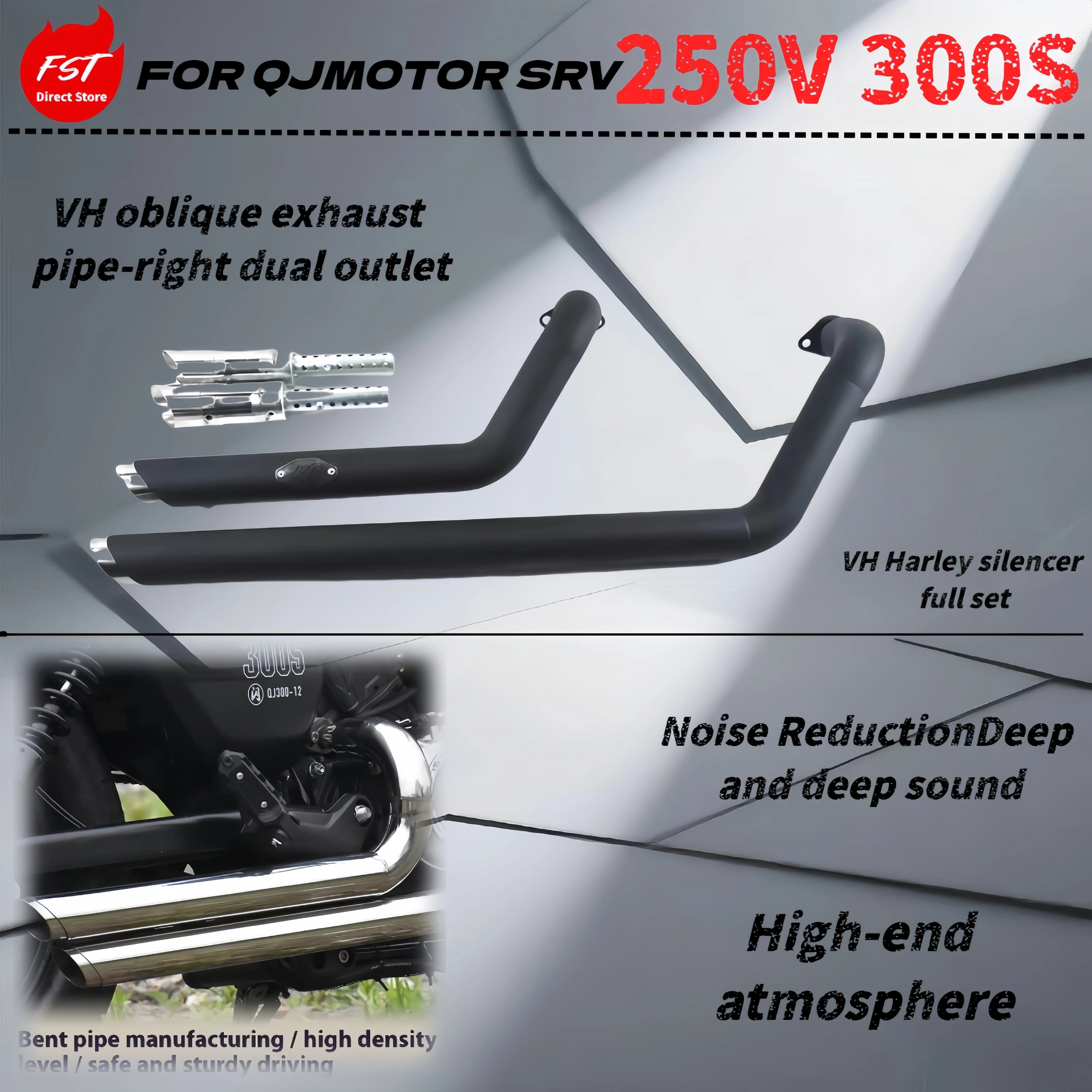 

For QJMOTOR SRV250V/300S modified VH oblique exhaust pipe - right dual outlet - low sound horse hoof sound