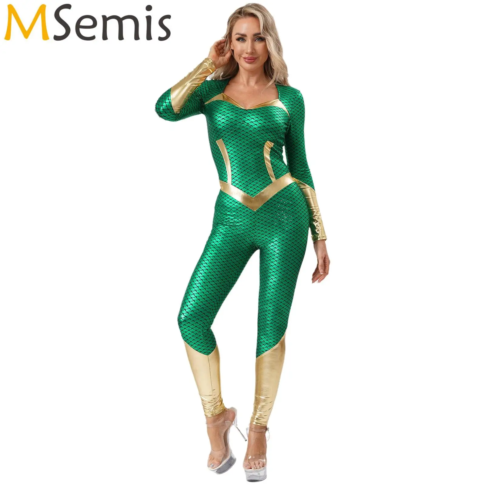 

Женский комбинезон русалки, костюм для ролевых игр, металлический глянцевый боди с принтом рыбьей чешуи, тематическая вечеринка, наряды на Хэллоуин