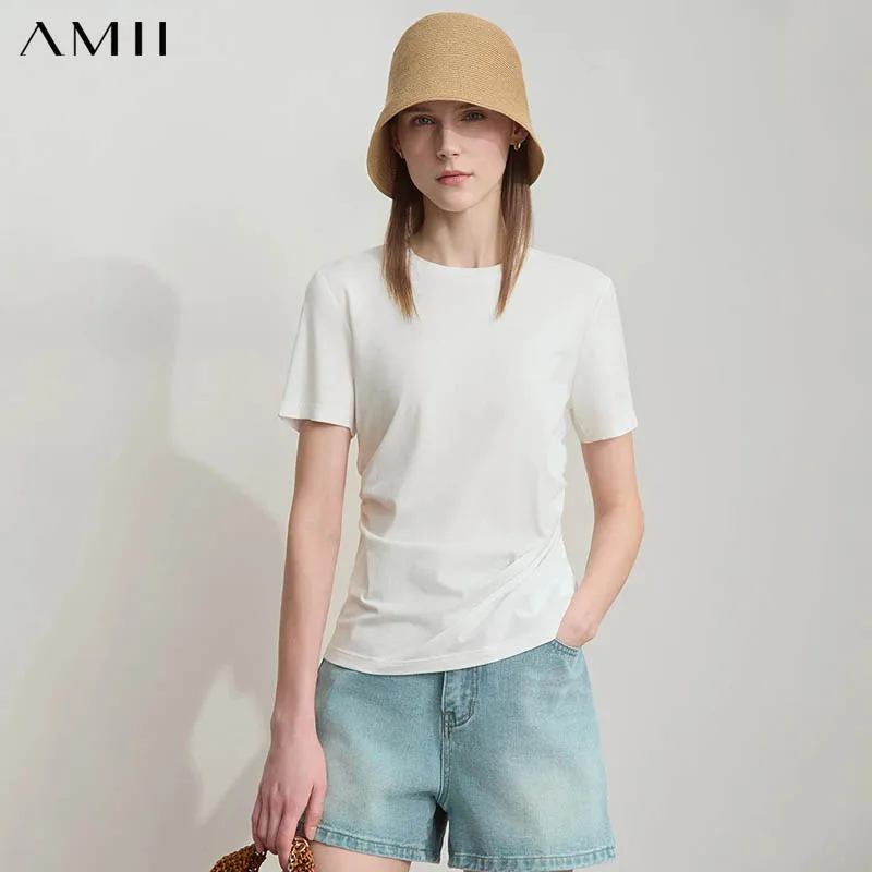 

Amii Minimalist T-shirt Women's Tops O-Neck Broken Pleats Slightly Cinched Waist Cotton Knit Tees Antibacterial T-shirt 12522045