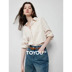 TOYOUTH Women Blouse Shirt 2024 Autumn New Brushed Turn Down Collar Long Sleeve Solid Color Workwear Beige Shirt