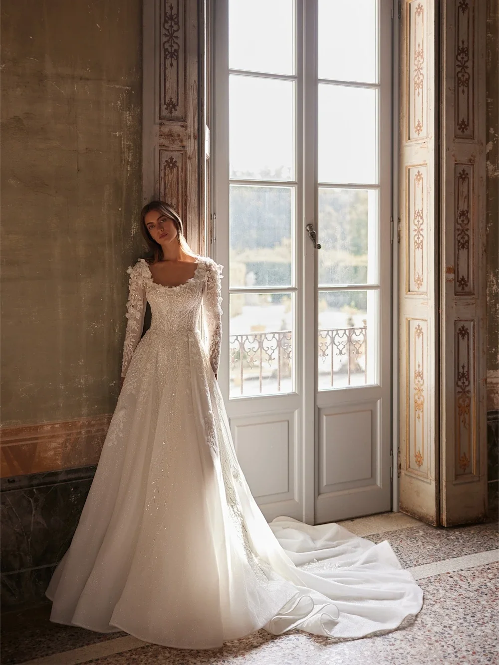 

Flavinke Customized Glitter Elegant Beads A-line Tulle Wedding Dresses Flower Bridal Gown Sequined Long Sleeve Dresses For Bride