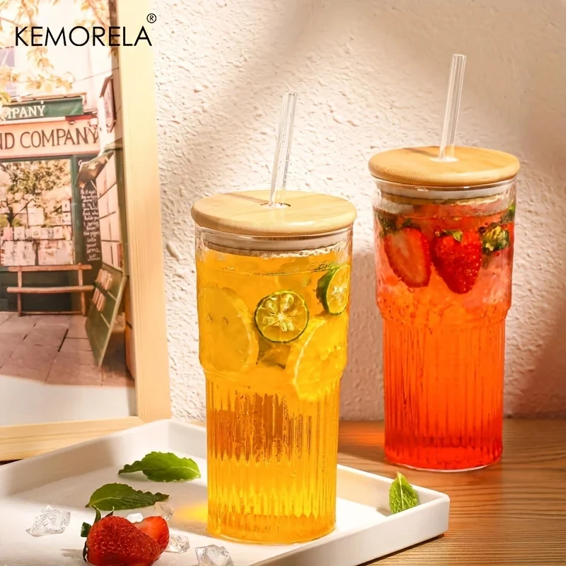 500ml Ribbed Glassware Glass Cup With Lid and Straw Drinking Glasses Cocktail Beer Iced Coffee Mug Juice Tea Cup Water Cups