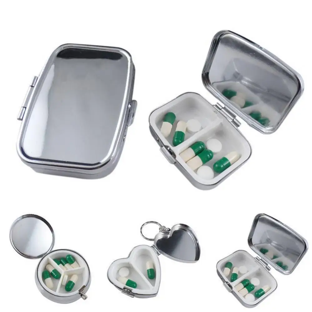 Portable Pill Box Separate Grid Metal Heart Round Seal Medicine Organizer Holder Container Pill Box Case