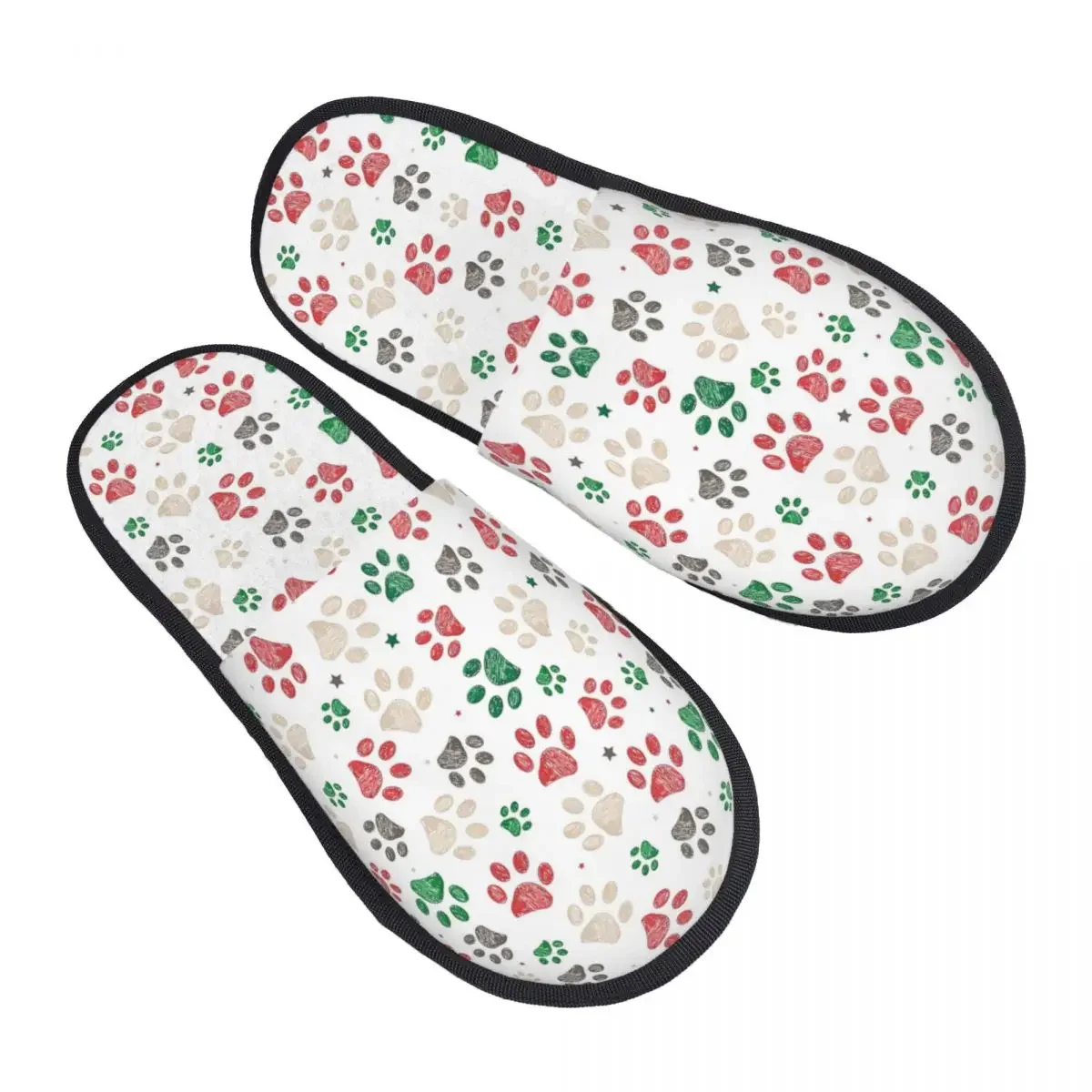 Christmas Paw Print House Slippers Women Soft Memory Foam Slip On Hotel Slipper Shoes