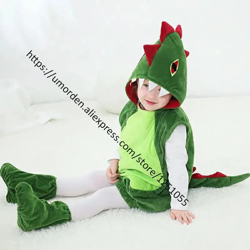 WU01 Umorden الأخضر ديناصور زي سترة هوديي للأطفال صبي فتاة توين والمراهقين 3-16T مع أغطية القدم هالوين بوريم Jk5 *!