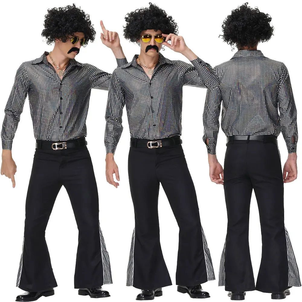

Halloween Carnival Party Men Hippie Costumes for Adult Vintage 60's 70s Disco Stage Performance Suit Rock Hippies Cosplay Suit