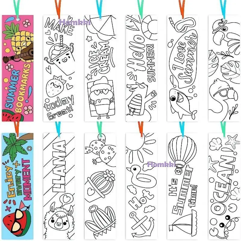 Coloring Your Own Summer Bookmarks DIY Color Blank Paper Book Marks Hello Summer Theme Party Return Gift Bag Fillers For Guests