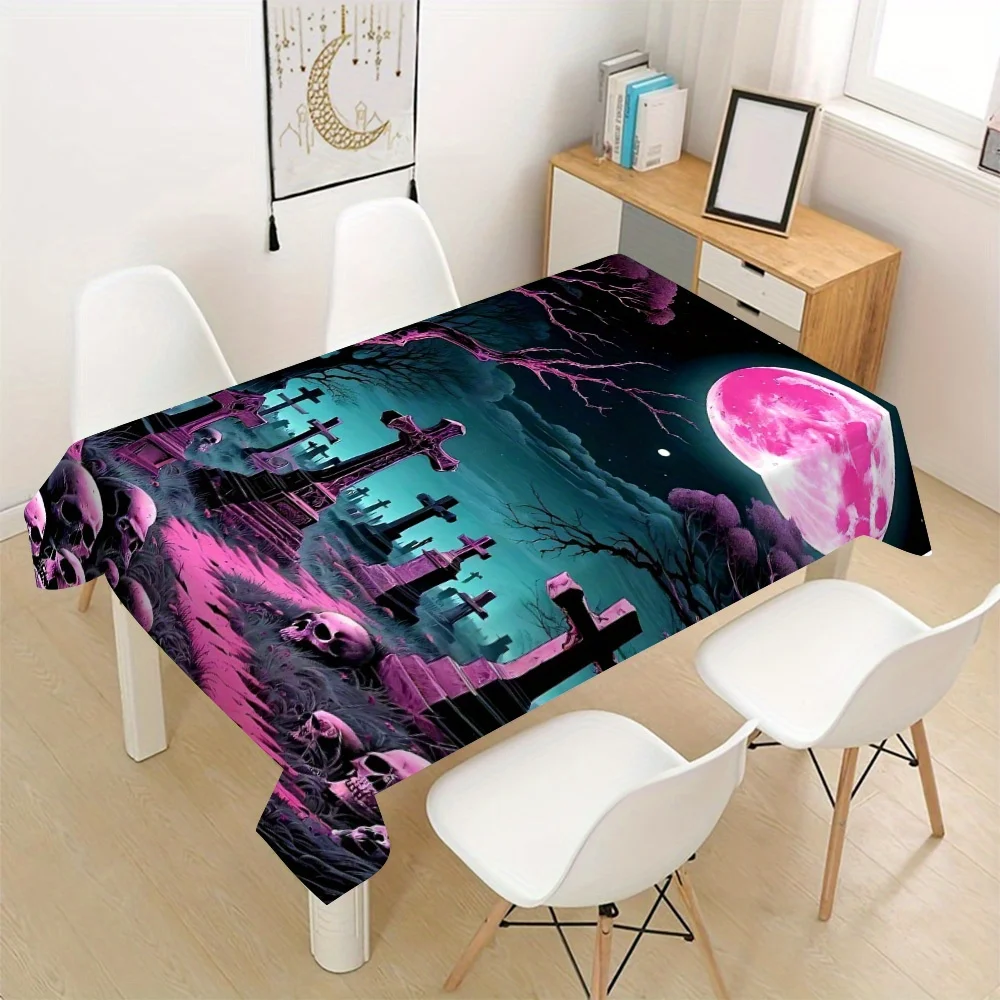 Halloween Rectangle Table Cloth Pink Gothic Cemetery Skull Table Cover Washable Tablecloth Spooky Halloween Wedding Party Decor