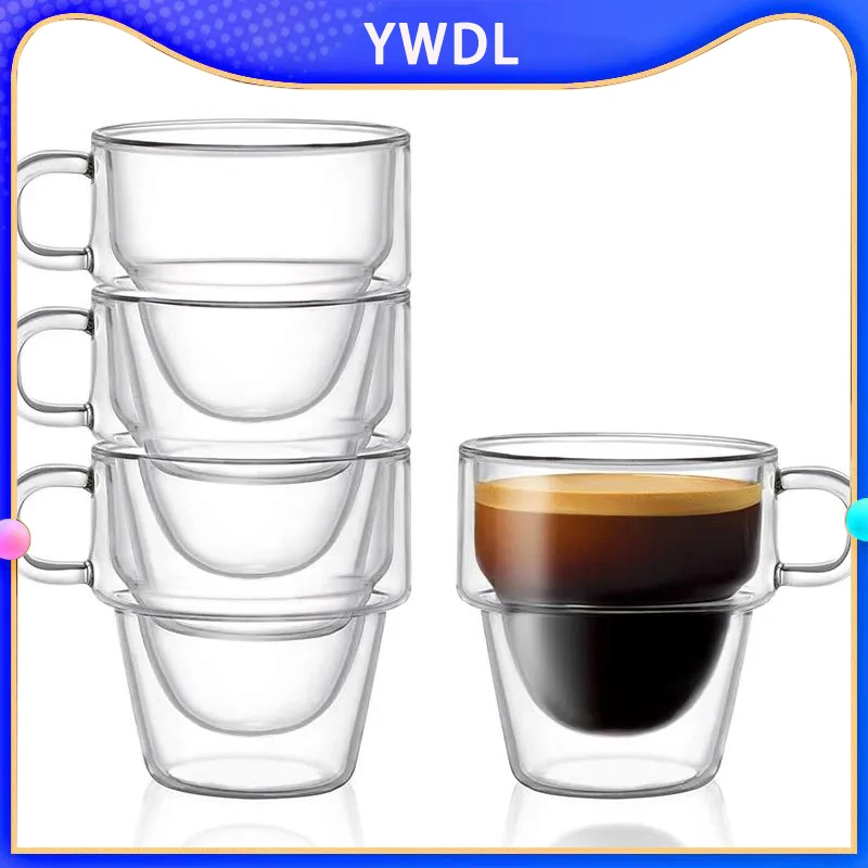 YWDL Double Wall Insulated Espresso Glass Cups – 5/9.5 oz. (150 /280ml) Espresso Shot Glass Cup with Handle