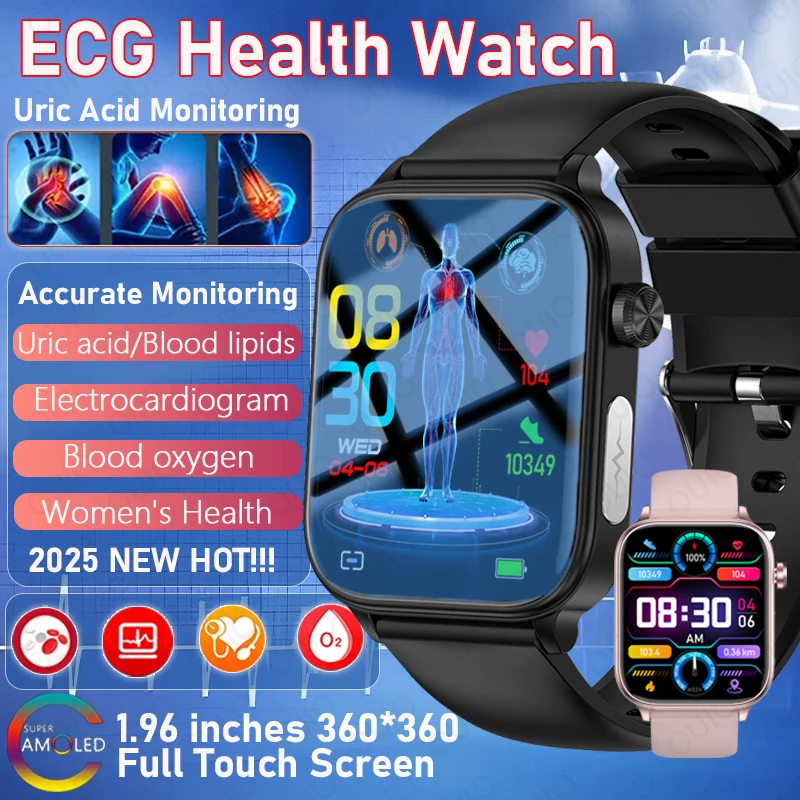 

2025 New ECG Health Smart Watch 1.96-inch AMOLED Screen Bluetooth Call IP68 Waterproof 340mA Sports Smartwatch Men women Android