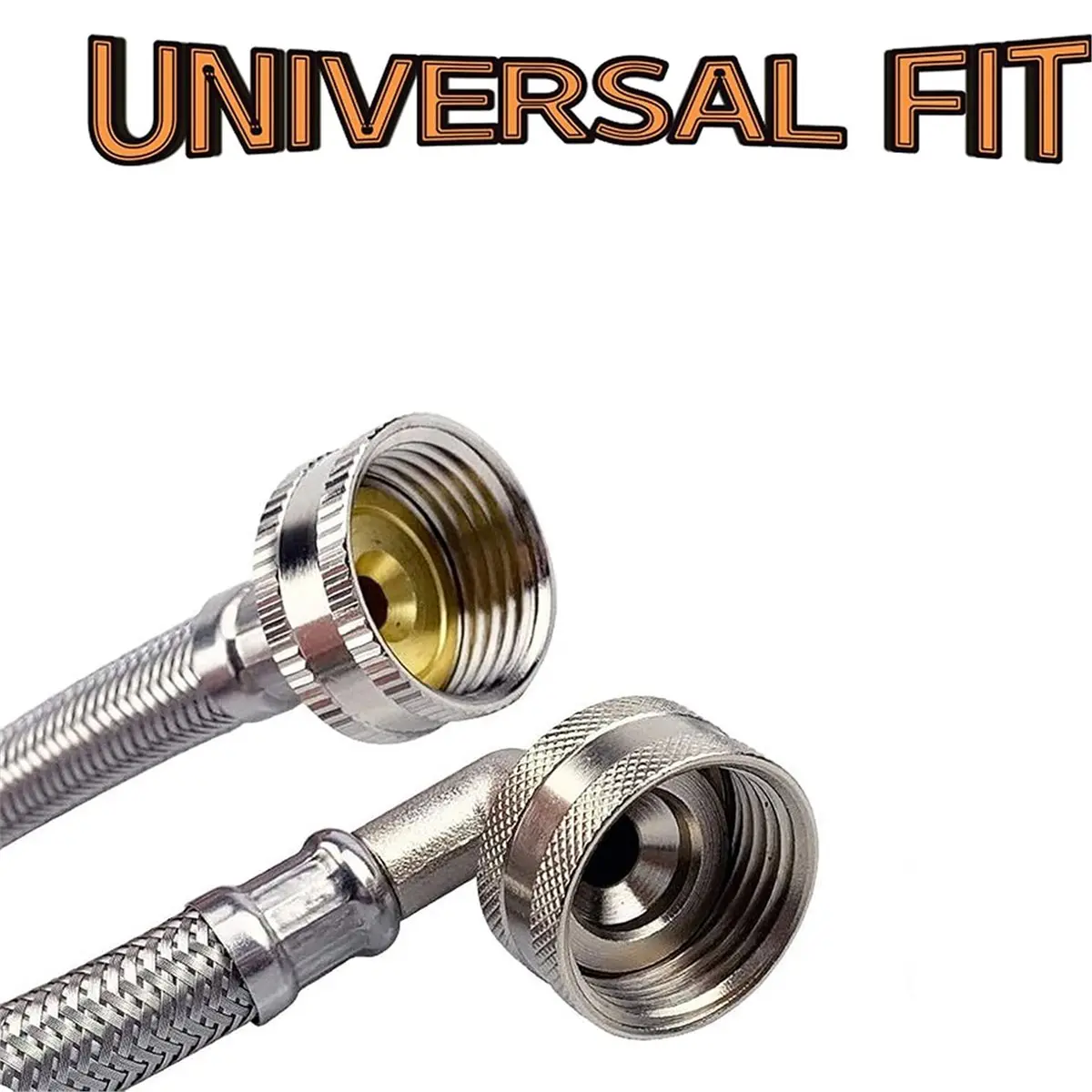 Stainless Steel Braided Water Heater Inlet Hose Kit (US Standard Threads), Including Tee Fitting and Sealing Washers.