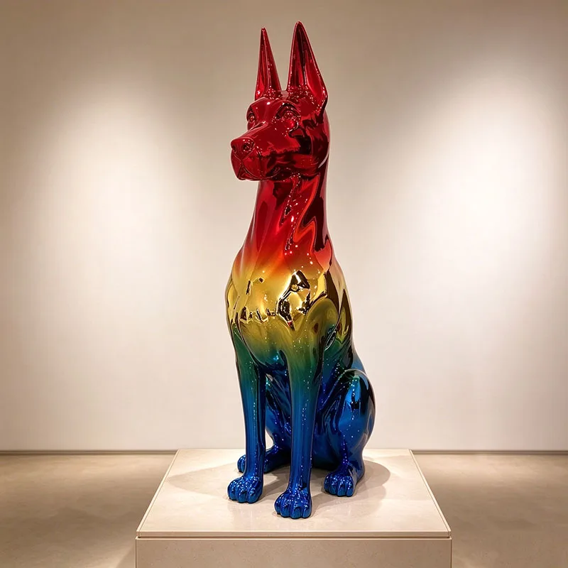 Electroplated Rainbow Gradient Doberman Pinscher Statue Resin Animal Figurine Modern Art Dog Sculpture Home Decor Ornament Gift