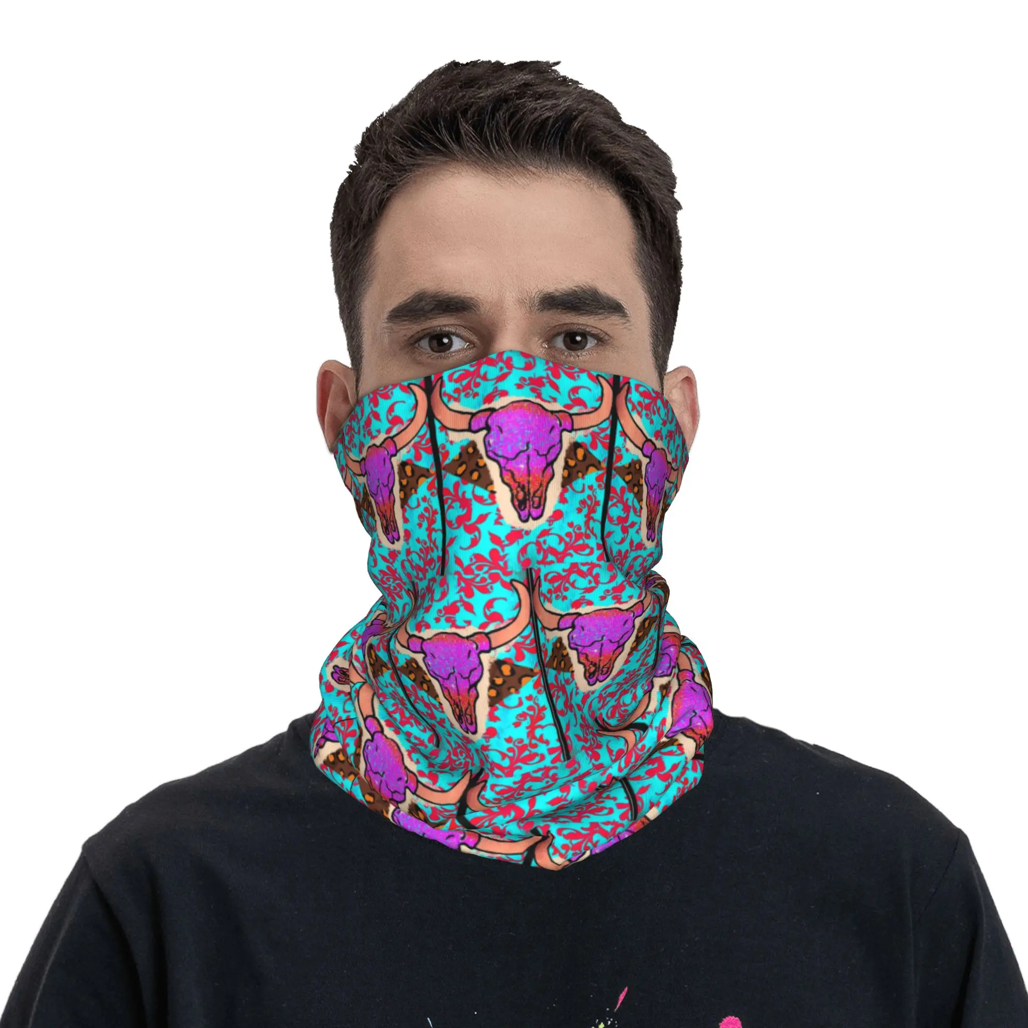 Western Country Bull Rodeo Skull Aztec Bandana Neck Cover Printed Wrap Scarf Headband Running for Men Women Adult Winter