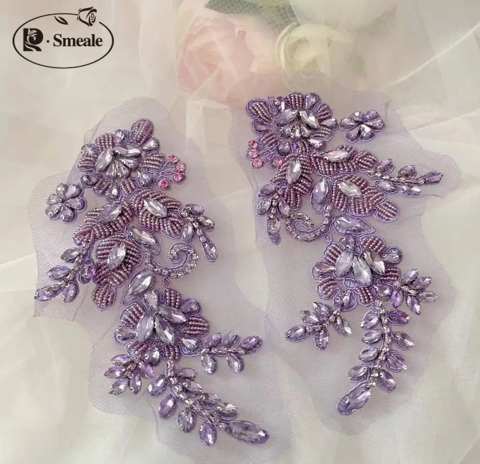 1 Paar handgenähte Glasbohrer-Spiegelblumen, funkelnde Strass-Blumen, Mäntel, Bündchen, Schultern, Hochzeitskleid, DIY-Patch RS4208