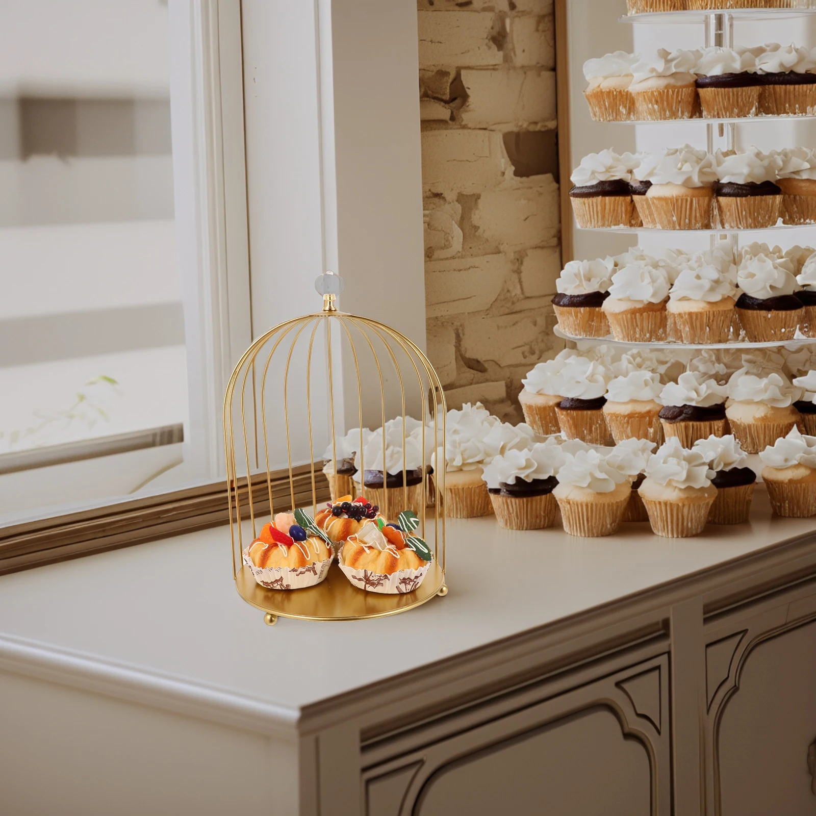 

Golden Desktop Cake Dessert Stand Bird Cage Decor Vintage Makeup Display Rustic Wire Tray Tower Holder Cake Stand