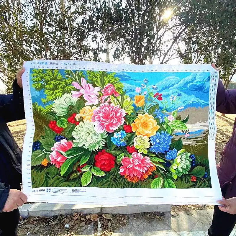 Handmade cross stitch finished product with beautiful mountain flowers blooming, rich and noble flowers, embroidered decorative