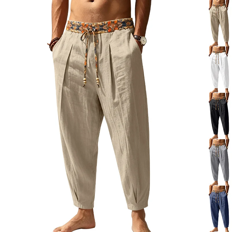Men 95% Linen Harem Pants Boho Floral Drawstring Waist Casual Loose Trousers Beach Vacation Ankle‑Length Pants