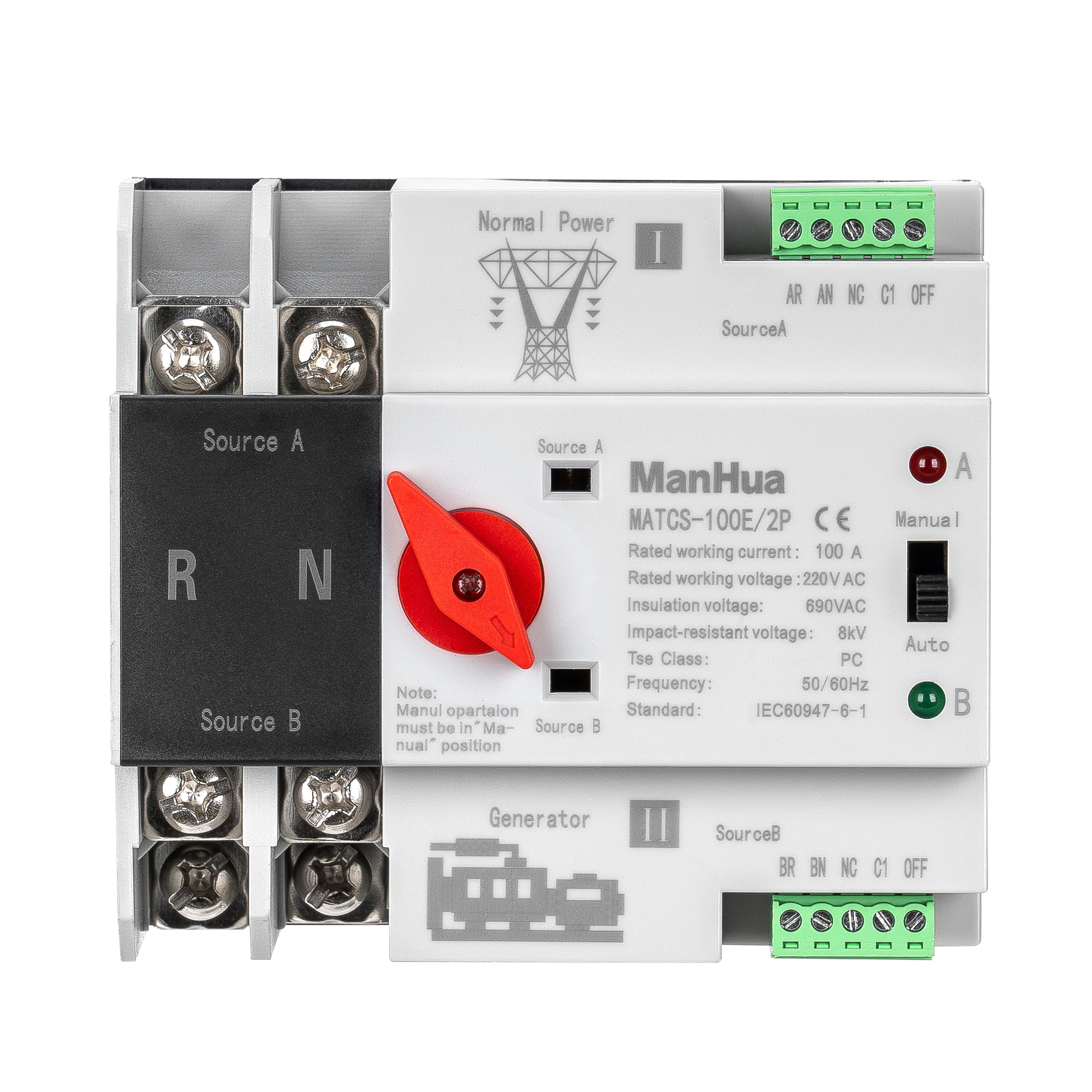 ManHua MATCS-100E/2P 100A 220VAC Dual Power Automatic Transfer Switch PC Type Switch DIN-Rail Mounting Red Handle