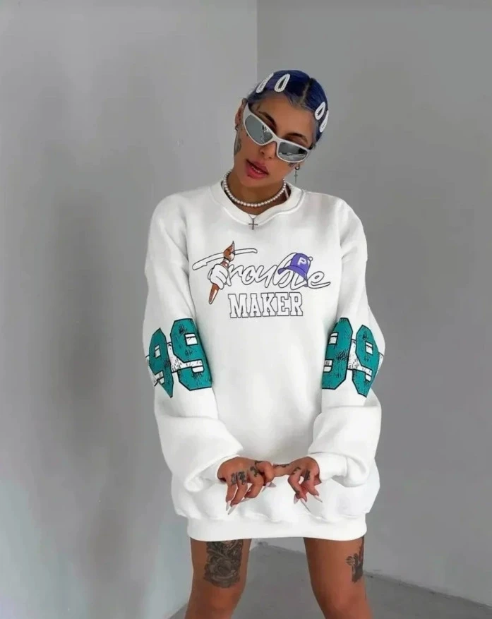 

Круглый свитшот с модным принтом Ne, свободный повседневный топ Street Sle, длинная све, удобная женская толстовка с капюшоном, весна 2025 г.