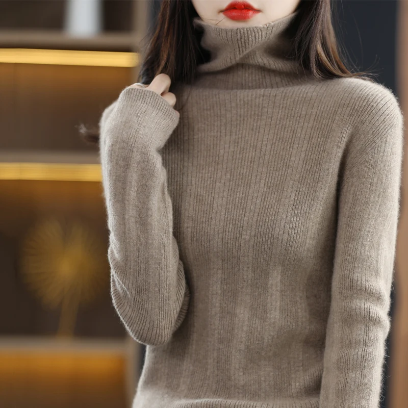 Women's Wool Blend Sweater, Pile Collar, Vertical Stripe Pullover, Casual Knitted Tops, Female Soft Sweater, Autumn, Winter, New