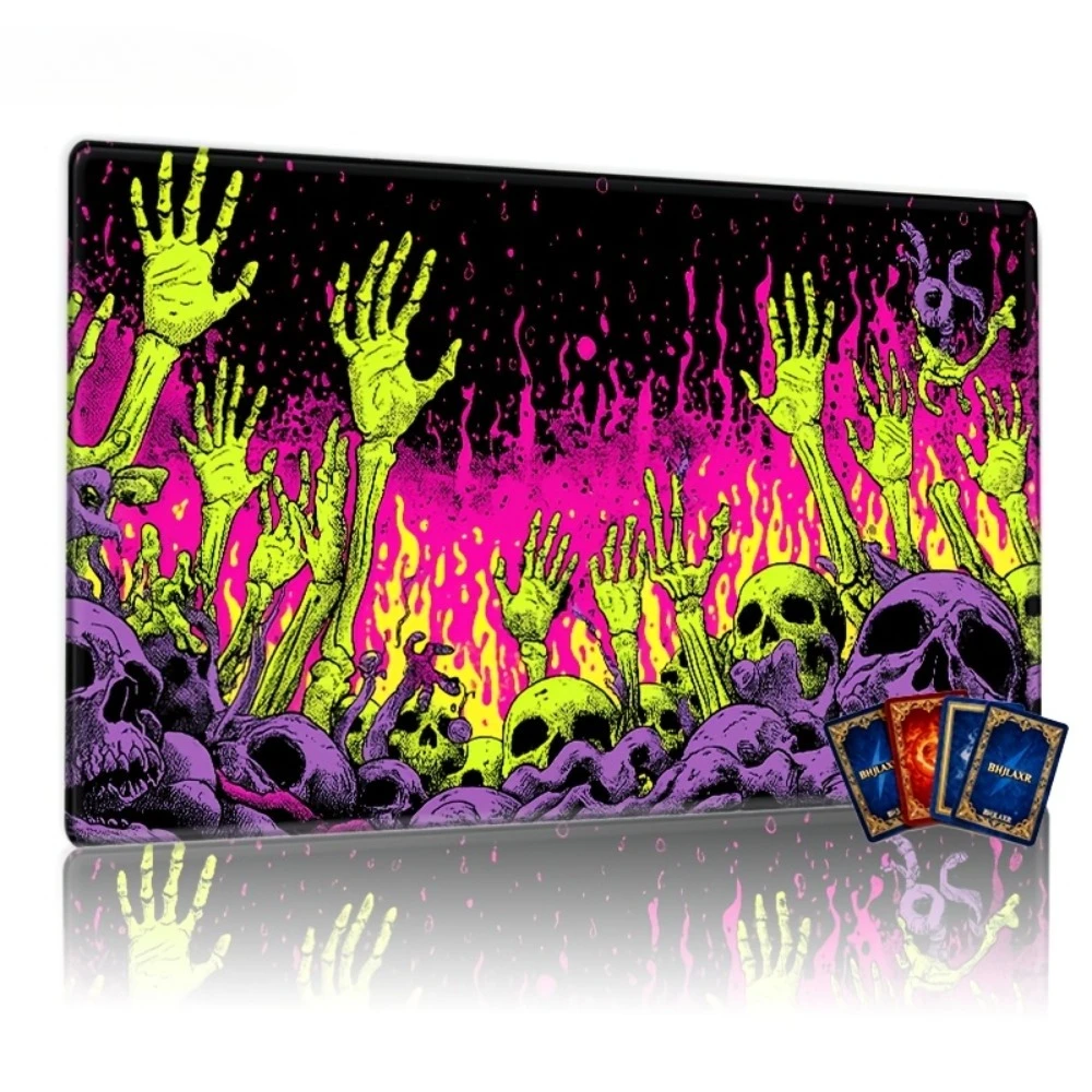Tapis de jeu et tapis de souris gaming cool avec motifs crâne néon et crâne qui tend la main, base antidérapante