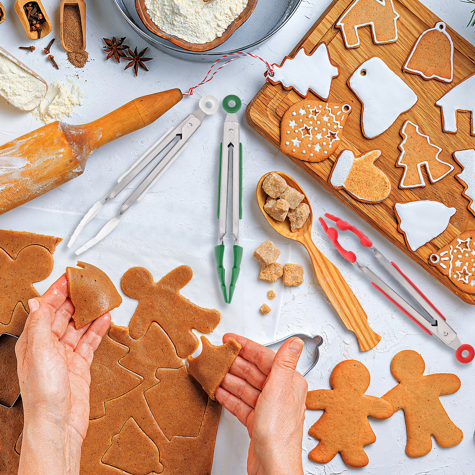 

3Pcs Christmas Kitchen Food Tongs Stainless Steel Silicone Tips Heat Resistant Cooking Serving Tongs Kitchen Utensils