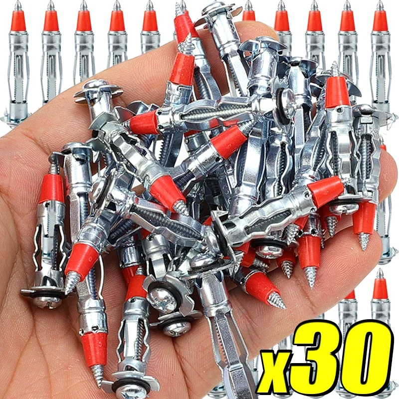 30/10PCS Red Pointed Expansion Rivets Cross Galvanized Steel Hollow Wall Drive Anchor Screws Sleeve Fasteners Woodwork Bolt Sets