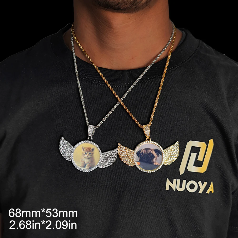 Dropshipping Hip Hop Personalized Pendant Bling CZ Memorial Picture Necklace Photo Custom Angel Free Engrave Wing Pendants