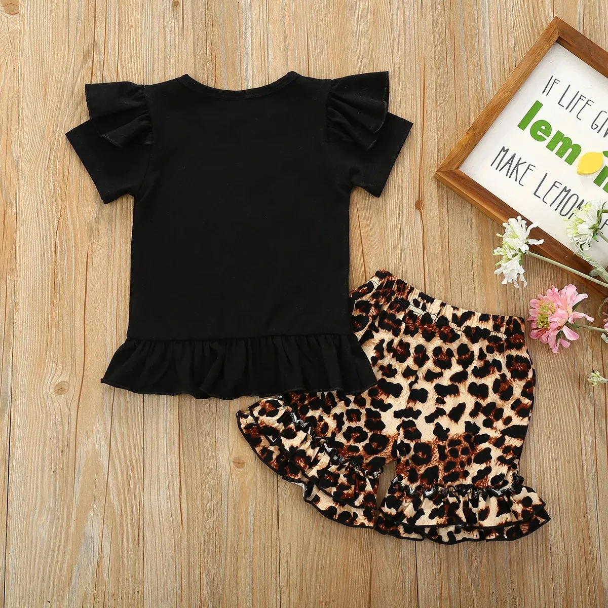 Summer Baby Girls Leopard Clothes Set Kids Letters Tops+Ruffles Shorts 2Pcs Outfits