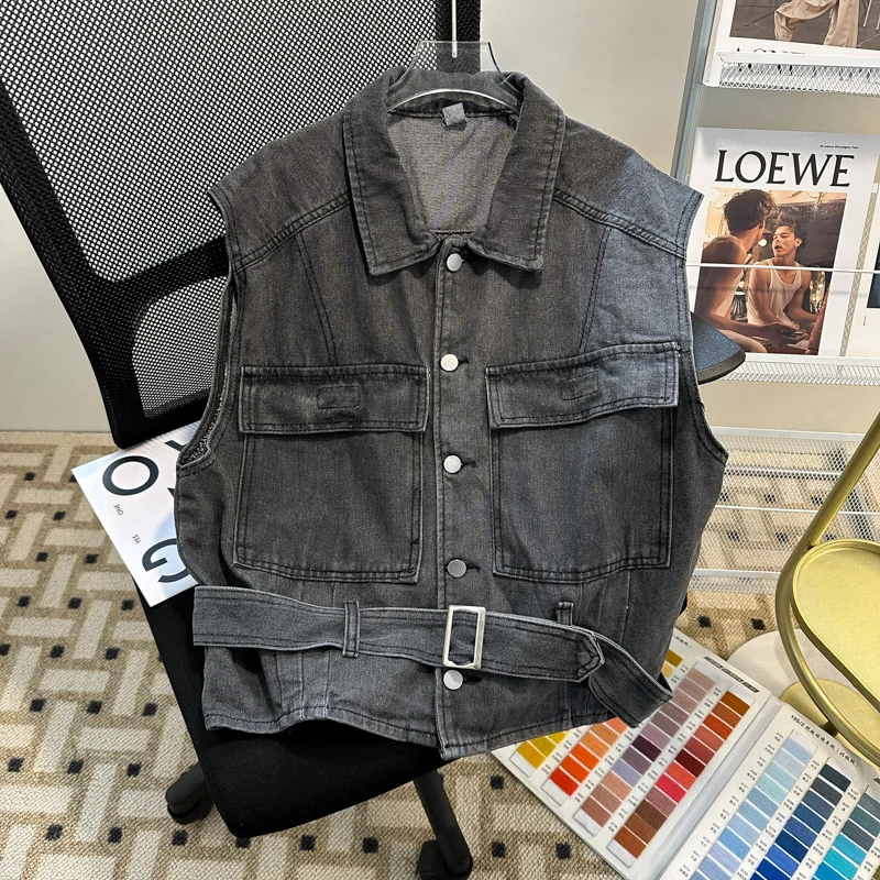 

Spring Summer Men Denim Jacket Vest Lapel Large Pocket With Belt Sleeveless Jackets Korean Casual Fashion Solid Color Coat